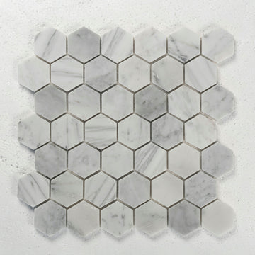 2 in. Hexagon Bianco Carrara White Polished Marble Mosaic