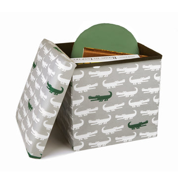 Alligator Fabric Covered Collapsible Ottoman Gray & Green Set