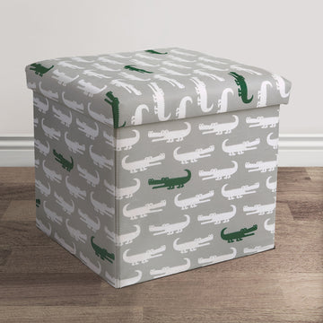 Alligator Fabric Covered Collapsible Ottoman Gray & Green Set