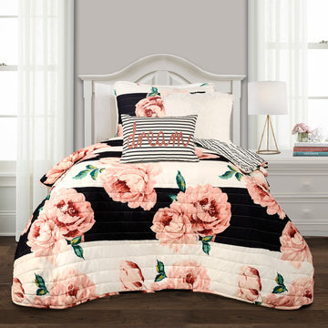 Amara Floral Quilt Black & Dusty Rose 4Pc Set In Twin XL