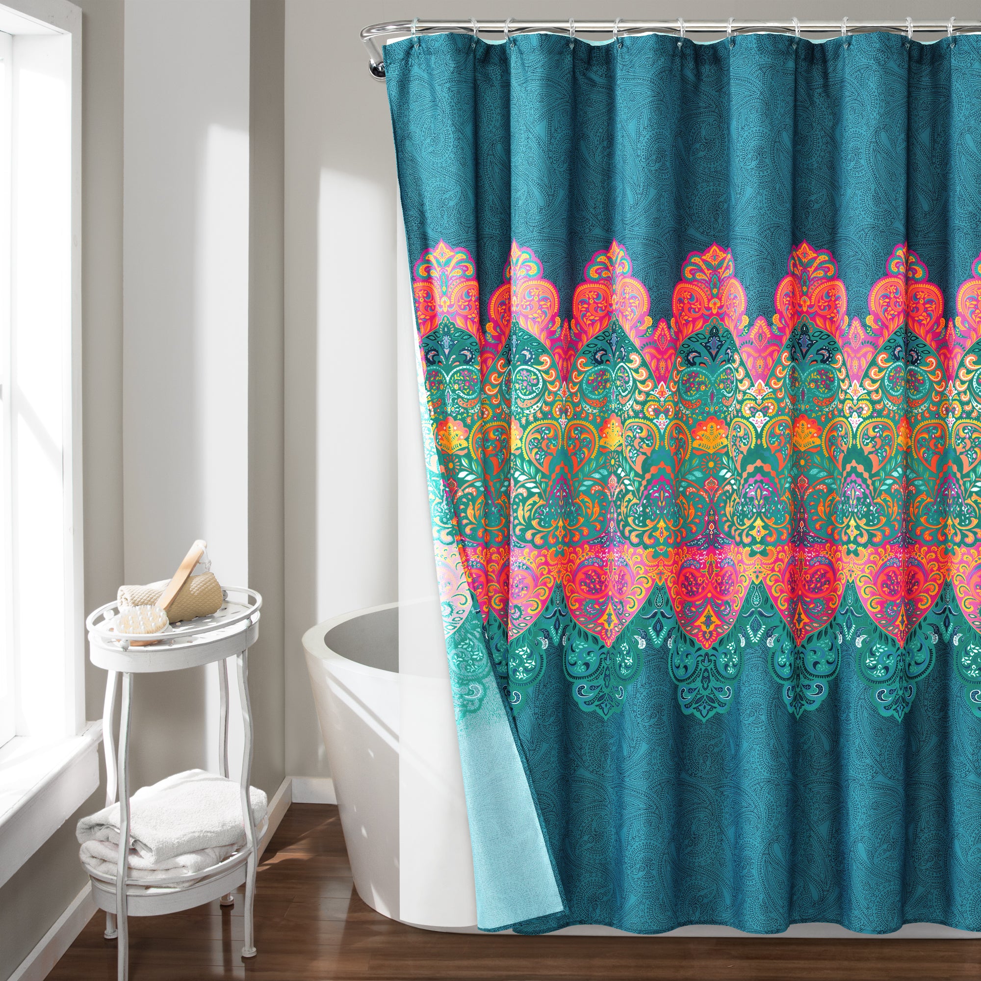Boho Chic Shower Curtain Navy W &  Peva Lining and Rings 14Pcs Complete Set