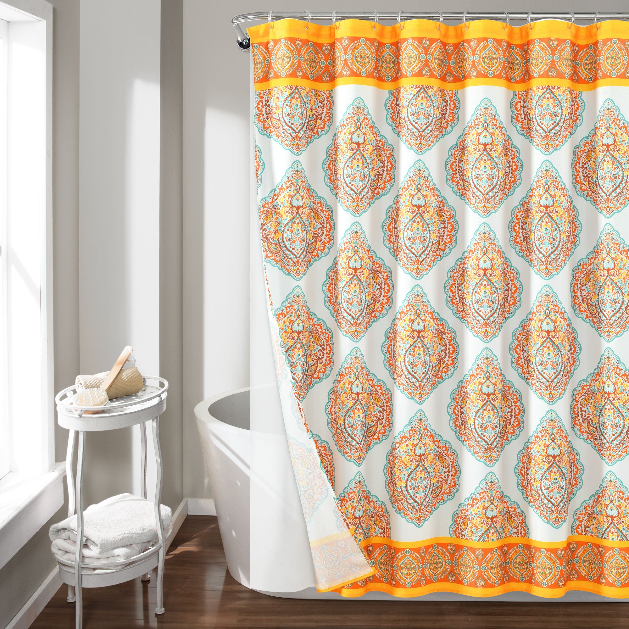 Harley Shower Curtain Orange with Peva Lining and Rings 14Pcs Complete Set