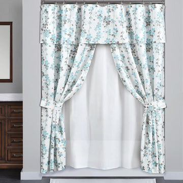 Weeping Flora Double Swag Shower Curtain Blue/Gray with Peva Lining&Rings 16Pcs Complete Set