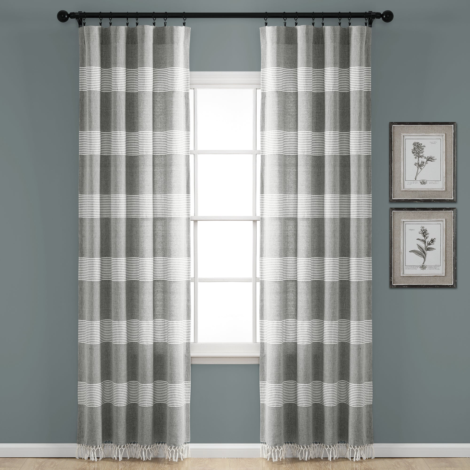 Tucker Stripe Yarn Dyed Cotton Knotted Tassel Window Curtain Panels Set