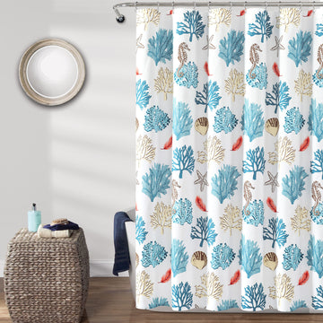 Coastal Reef Feather Shower Curtain Blue & Coral Single