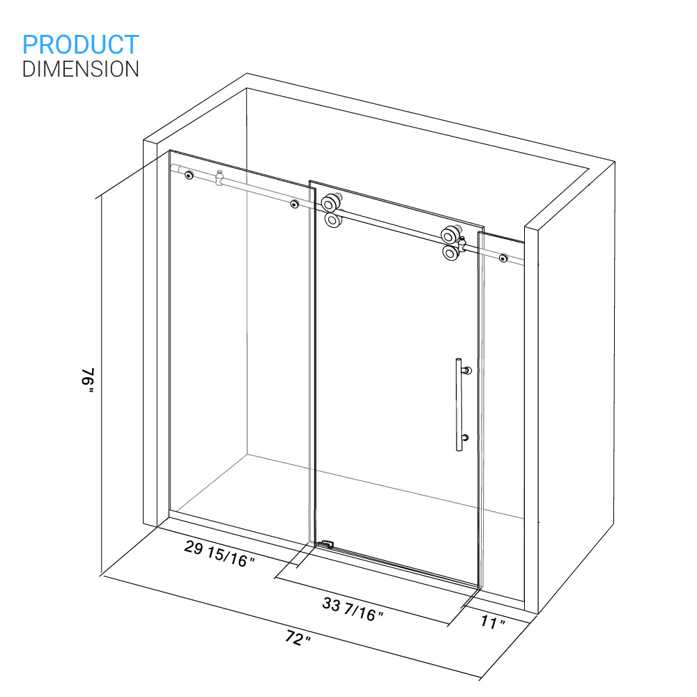 Ivanees 72 In. W X 76 In. H Frameless Single Sliding Glass Shower Door With 3 Glass Panels & 8mm Clear Tempered Glass- Barn Door Style