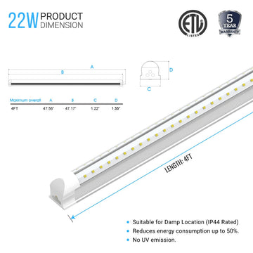 22W Integrated LED Tube Light - 4ft V Shape - 6500k Clear Cover - Works without T8 Ballast