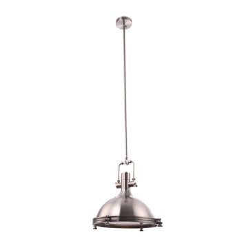 Industrial Pendant Light Fixture, Satin Nickel Finish, Dome Shape, Includes Extension Rods 1x6