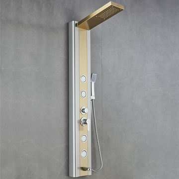 55 in. 4-Jet Stainless Steel Brushed Gold Shower Panel System w/ Fixed Rainfall Shower Head, Tub Spout & Handheld Shower, Jet Massage