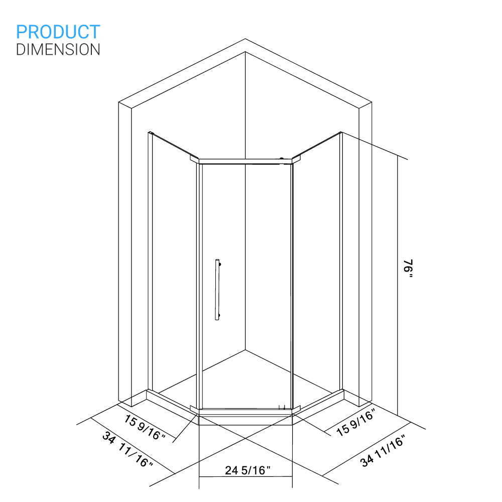 Ivanees 36 In. x 76 In. Neo-Angle Pivot Semi-Frameless Corner Shower Enclosure in Stainless Steel with 8mm Clear Tempered Glass