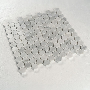 1 in. Hexagon Bianco Carrara White Polished Marble Mosaic