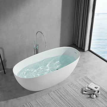 65 Inch Floor Mounted Freestanding Soaking Oval Shape Bathtub with Matte Finish Center Drain & Overflow Hole
