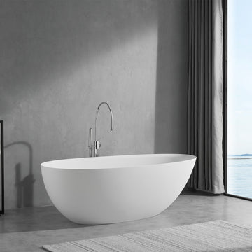 67 Inch Floor Mounted Freestanding Soaking Oval Shape Bathtub with Matte Finish Center Drain & Overflow Hole