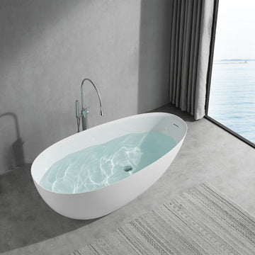 67 Inch Floor Mounted Freestanding Soaking Oval Shape Bathtub with Matte Finish Center Drain & Overflow Hole