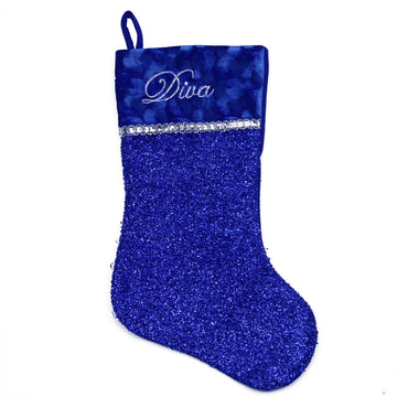 17" Metallic Royal Blue Embroidered  "Diva" Christmas Stocking with Shadow Velveteen Cuff