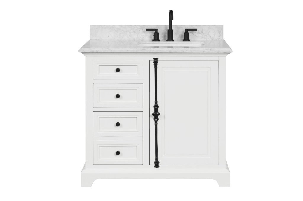 Icon Premium Freestanding Solid Wood White Bathroom Vanity with 1 In. Thick Premium Carrara Natural Marble Sink Top with 4 In. Backsplash