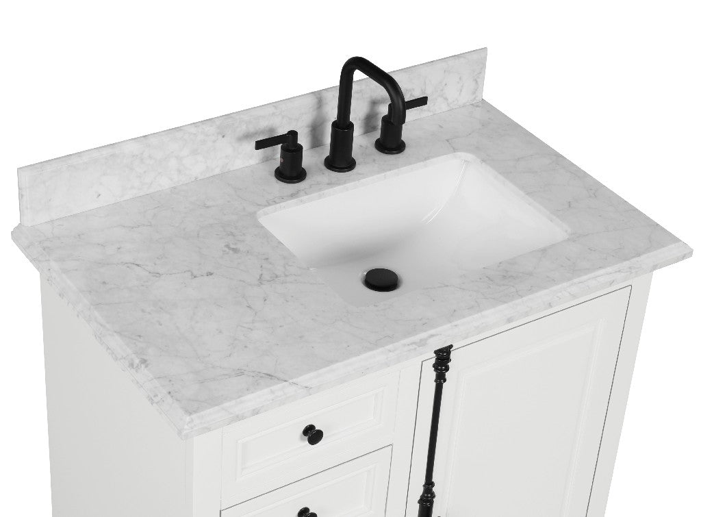 Icon Premium Freestanding Solid Wood White Bathroom Vanity with 1 In. Thick Premium Carrara Natural Marble Sink Top with 4 In. Backsplash