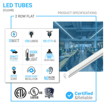 T8 Integrated LED Tube Shop Light Fixture - 2ft - 10W- 6500K - 1200Lm - 2 Row Flat Super Bright Clear Cover