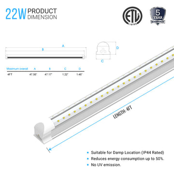 4ft V Shape LED T8 Tube Light 22W - Integrated 5000k Clear Cover - Fluorescent Fixture Replacement
