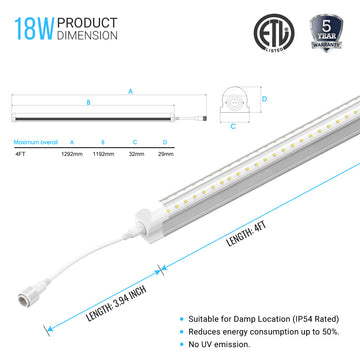 LED Tube Lights 4 Ft 18W - V Shape 2160 Lumens - 5000k Clear - Suitable For Cooler Doors Illumination