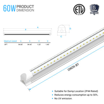 60W 8ft V Shape LED Tube Integrated Lights - 5000k - Clear Cover Super Bright - T8 Utility Shop Light