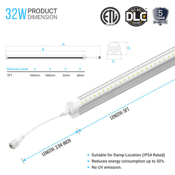 32W T8 LED Freezer/Cooler Door Lights - 5ft V Shape - 5000K Clear Cover