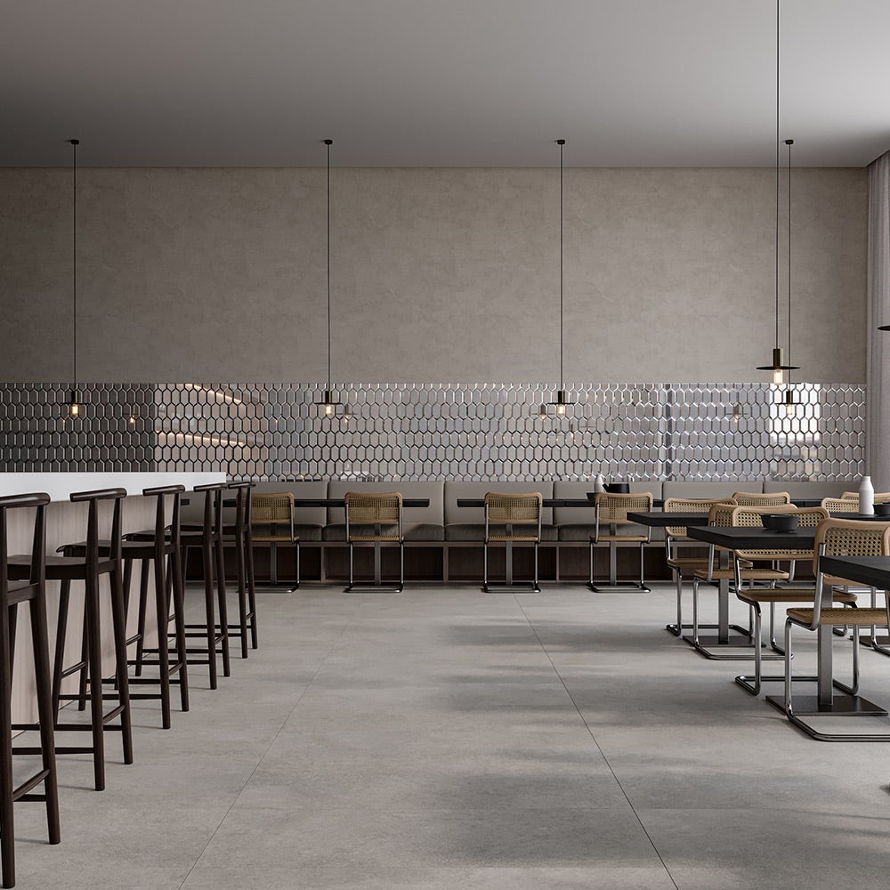 Obsidian Glossy Glass Antique Silver Beveled Hexagon Mosaic