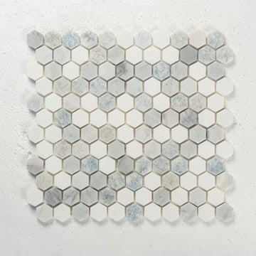 1 in. Hexagon Celeste Bianco Carrara and Thassos White/blue Polished Marble Mosaic Tile