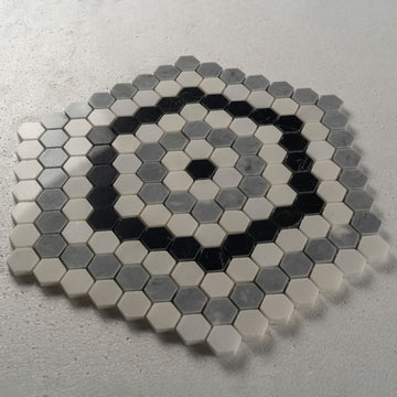 1 in. Hexagon Morocan Pattern White/Grey/Black Polished Marble Mosaic