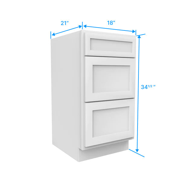 Vanity Drawer Base Cabinet - 18W x 34 1/2H x 21D - 3 DRW - Aria White Shaker - RTA