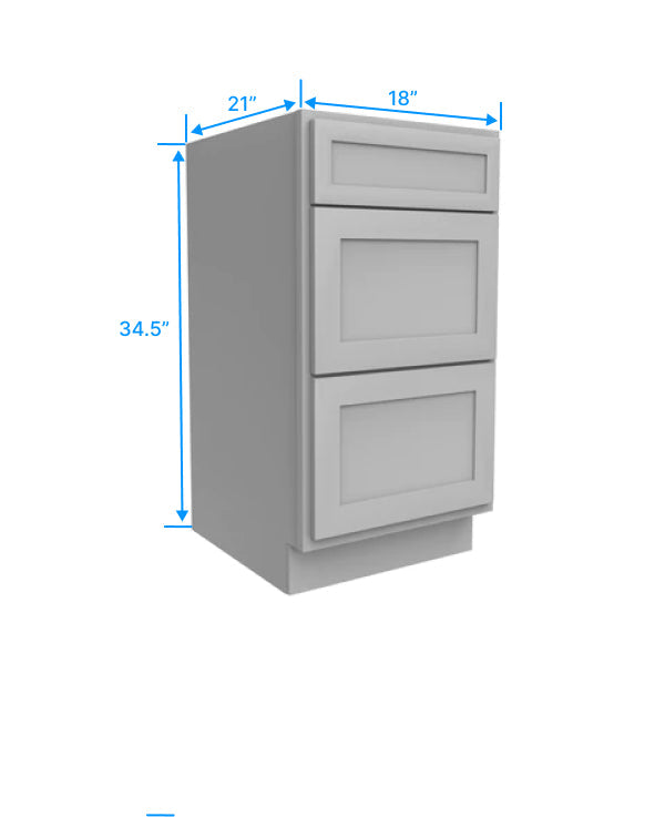 Vanity Drawer Base Cabinet - 18W x 34.5H x 21D - 3 DRW - Grey Shaker Cabinet