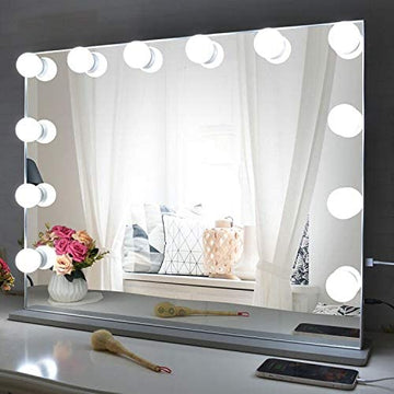 28.3 x 22 Inch Hollywood Lighted Makeup Vanity Mirror with 15pcs LED Dimmable Bulbs, Tabletop/Mounted Wall Mirror, Detachable 10X Magnification Spot Cosmetic Mirror