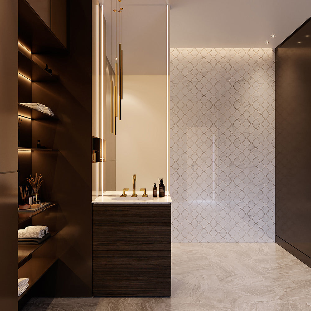 Mayfair High Gloss Volakas Grigio Arabesque Polished Glazed Porcelain Mosaic