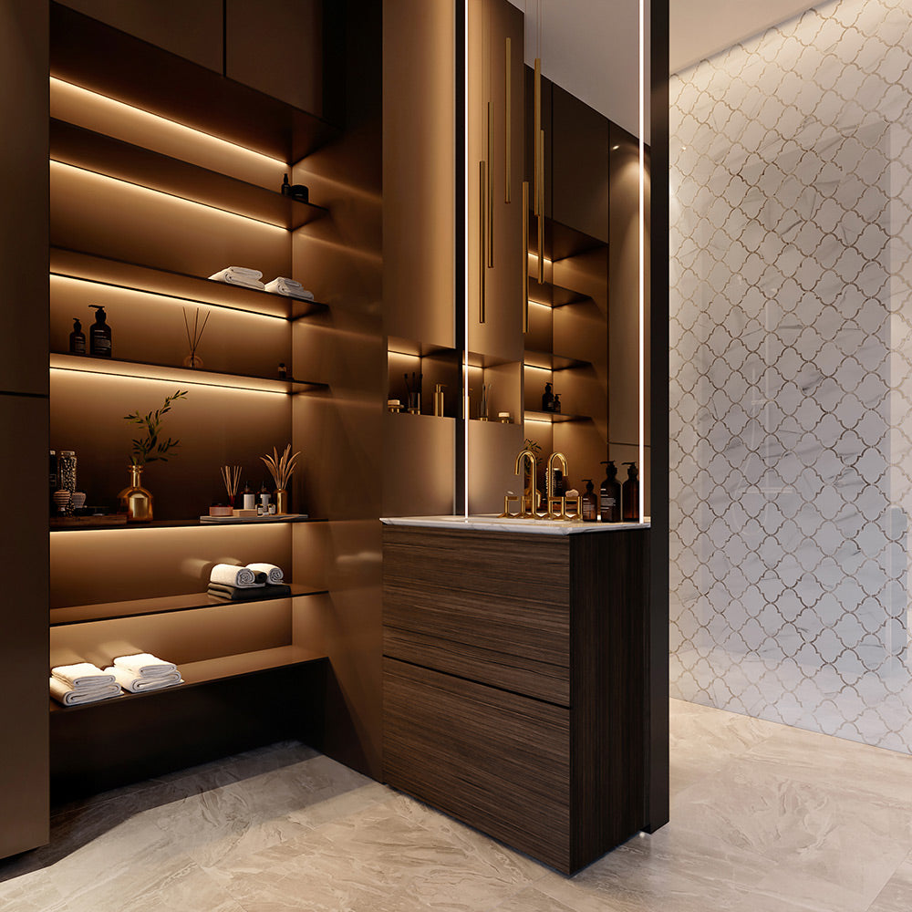 Mayfair High Gloss Volakas Grigio Arabesque Polished Glazed Porcelain Mosaic