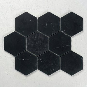 10 X 10 in. Hexagon Nero Marquina 4 in. Black Brushed Marble Mosaic Tile