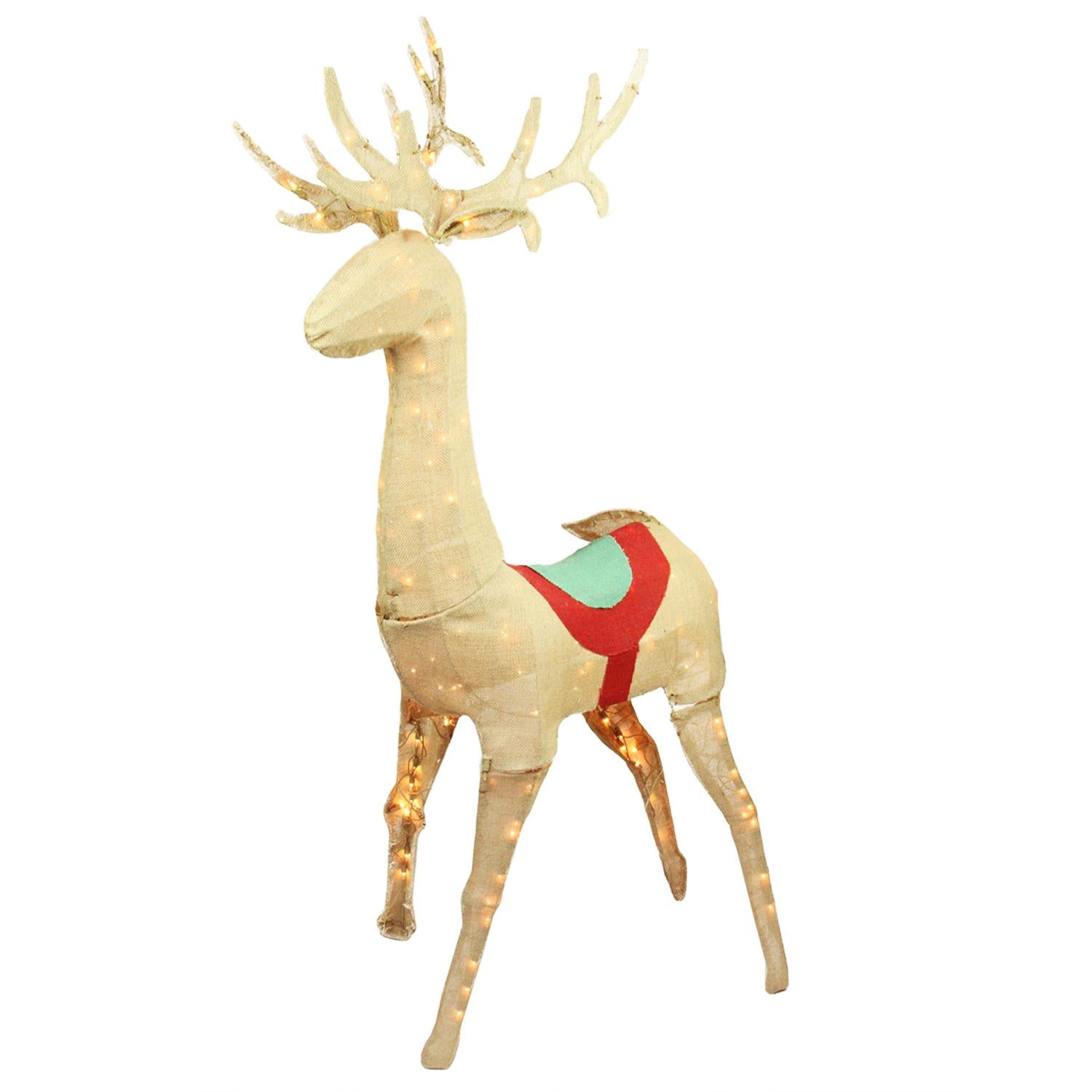 60" Pre-Lit Rustic Burlap Standing Reindeer Christmas Outdoor Decoration