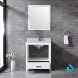 Jacques 30" White Single Vanity, White Carrara Marble Top, White Square Sink and 28" Mirror w/ Faucet