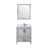 Jacques 30" Distressed Grey Single Vanity, White Carrara Marble Top, White Square Sink and 28" Mirror w/ Faucet