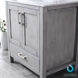 Jacques 30" Distressed Grey Single Vanity, White Carrara Marble Top, White Square Sink and 28" Mirror w/ Faucet