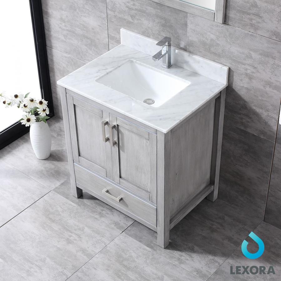 Jacques 30" Distressed Grey Single Vanity, White Carrara Marble Top, White Square Sink and 28" Mirror w/ Faucet