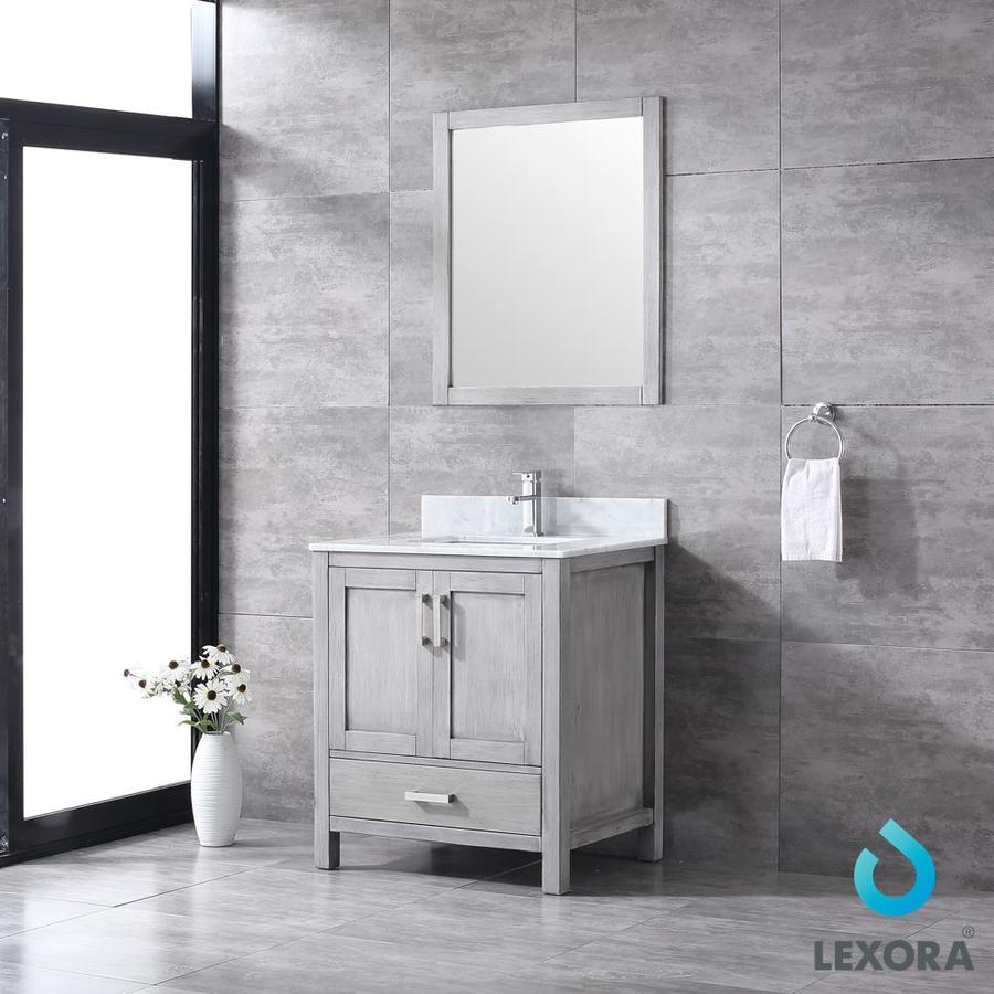 Jacques 30" Distressed Grey Single Vanity, White Carrara Marble Top, White Square Sink and 28" Mirror w/ Faucet