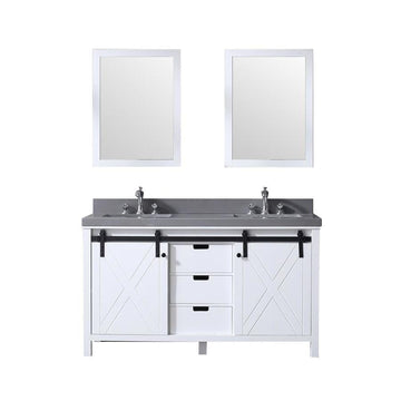 Marsyas 60" White Double Vanity, Grey Quartz Top, White Square Sinks and 24" Mirrors w/ Faucets