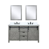 Marsyas 60" Ash Grey Double Vanity, White Quartz Top, White Square Sinks and 24" Mirrors w/ Faucets