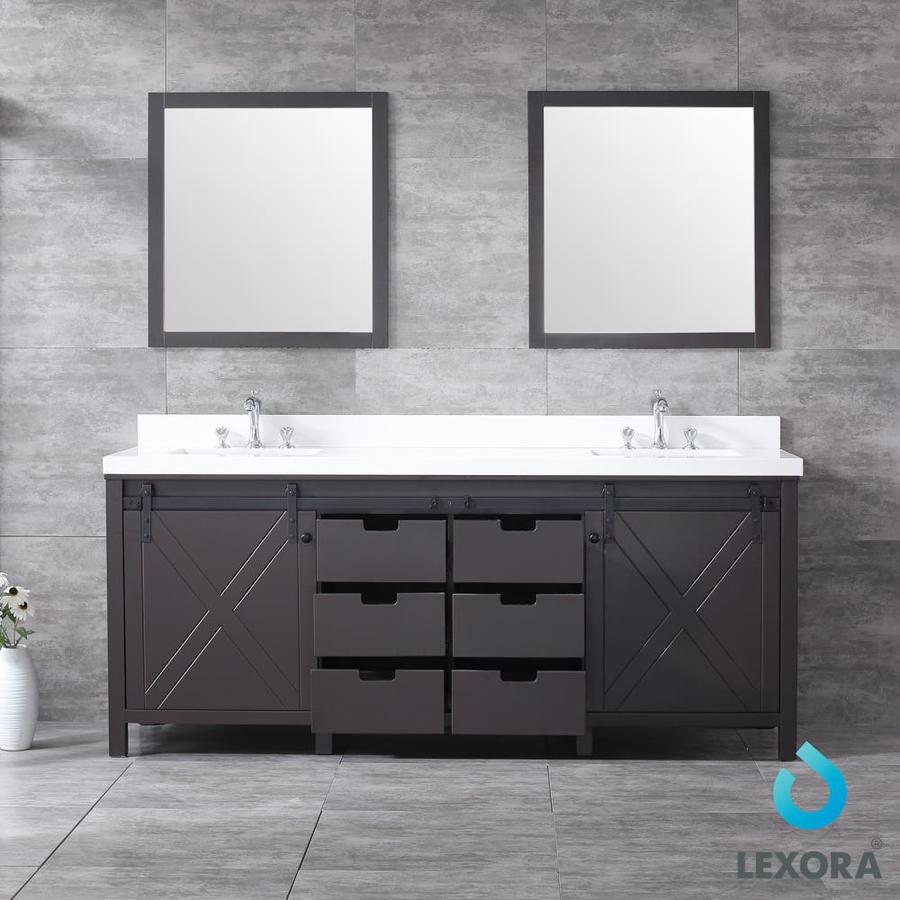 Marsyas 80" Brown Double Vanity, White Quartz Top, White Square Sinks and 30" Mirrors w/ Faucets