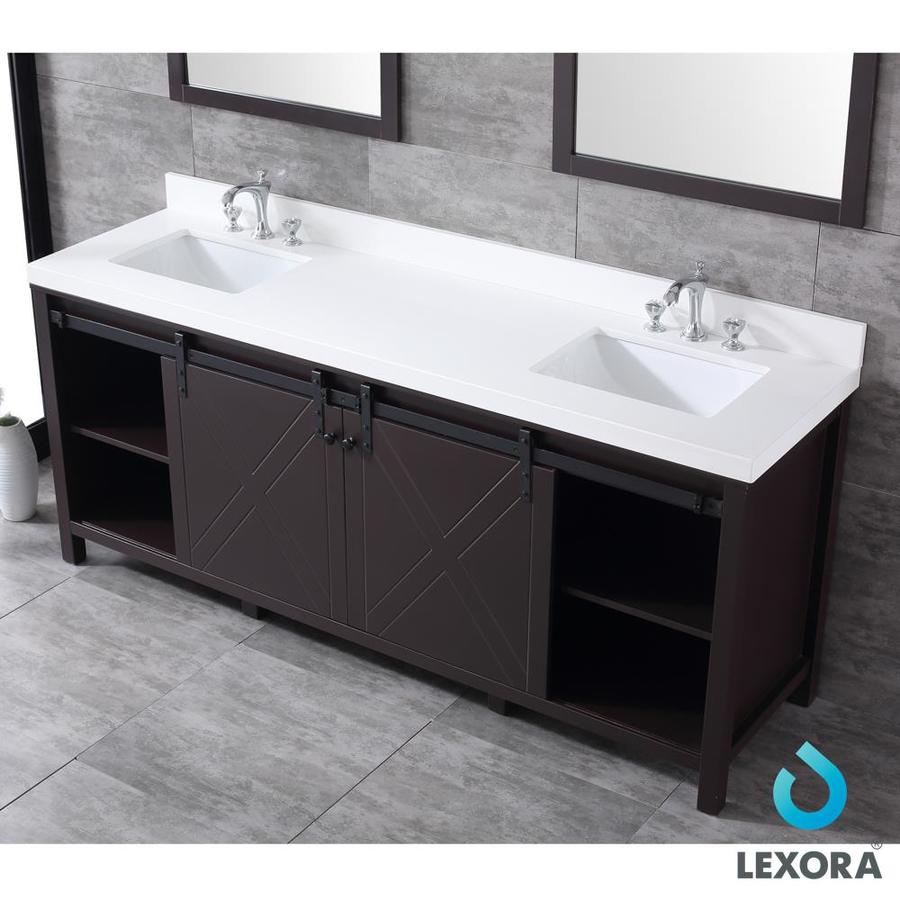 Marsyas 80" Brown Double Vanity, White Quartz Top, White Square Sinks and 30" Mirrors w/ Faucets
