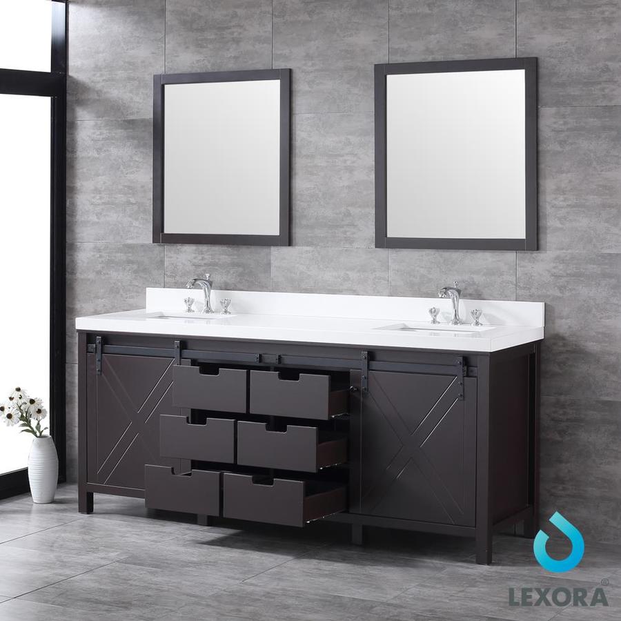 Marsyas 80" Brown Double Vanity, White Quartz Top, White Square Sinks and 30" Mirrors w/ Faucets