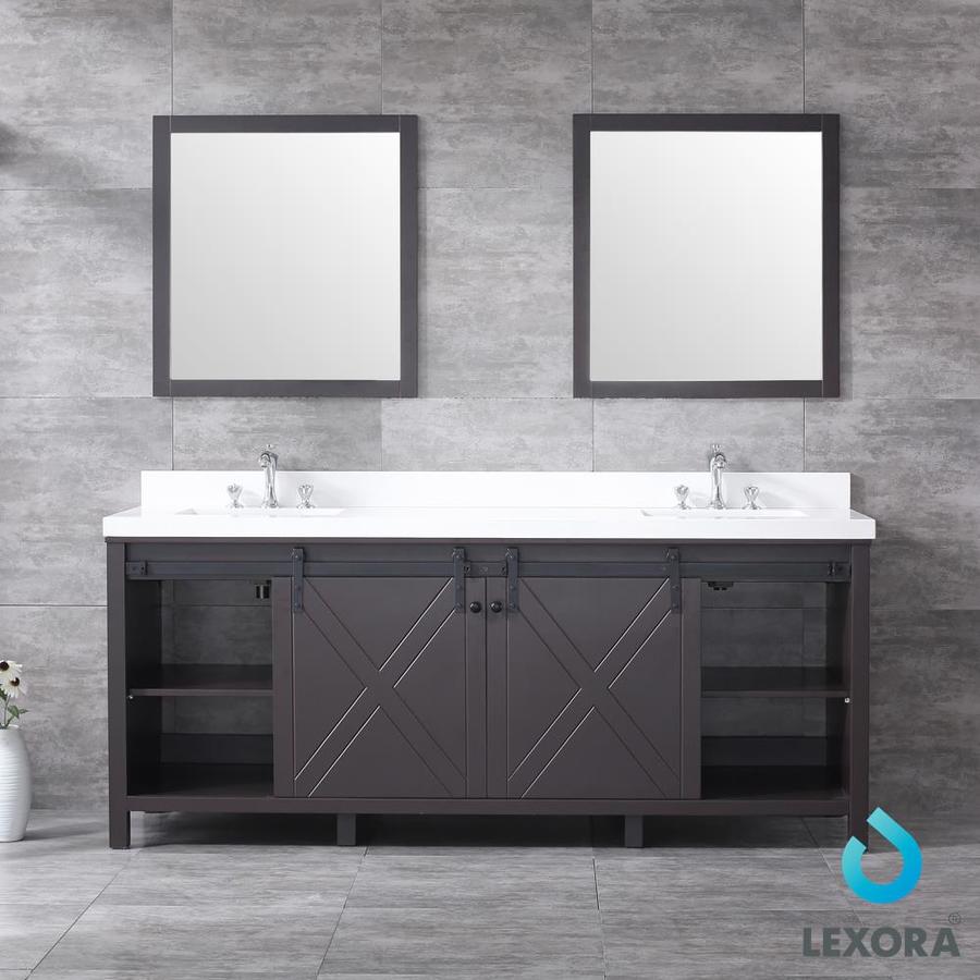 Marsyas 80" Brown Double Vanity, White Quartz Top, White Square Sinks and 30" Mirrors w/ Faucets