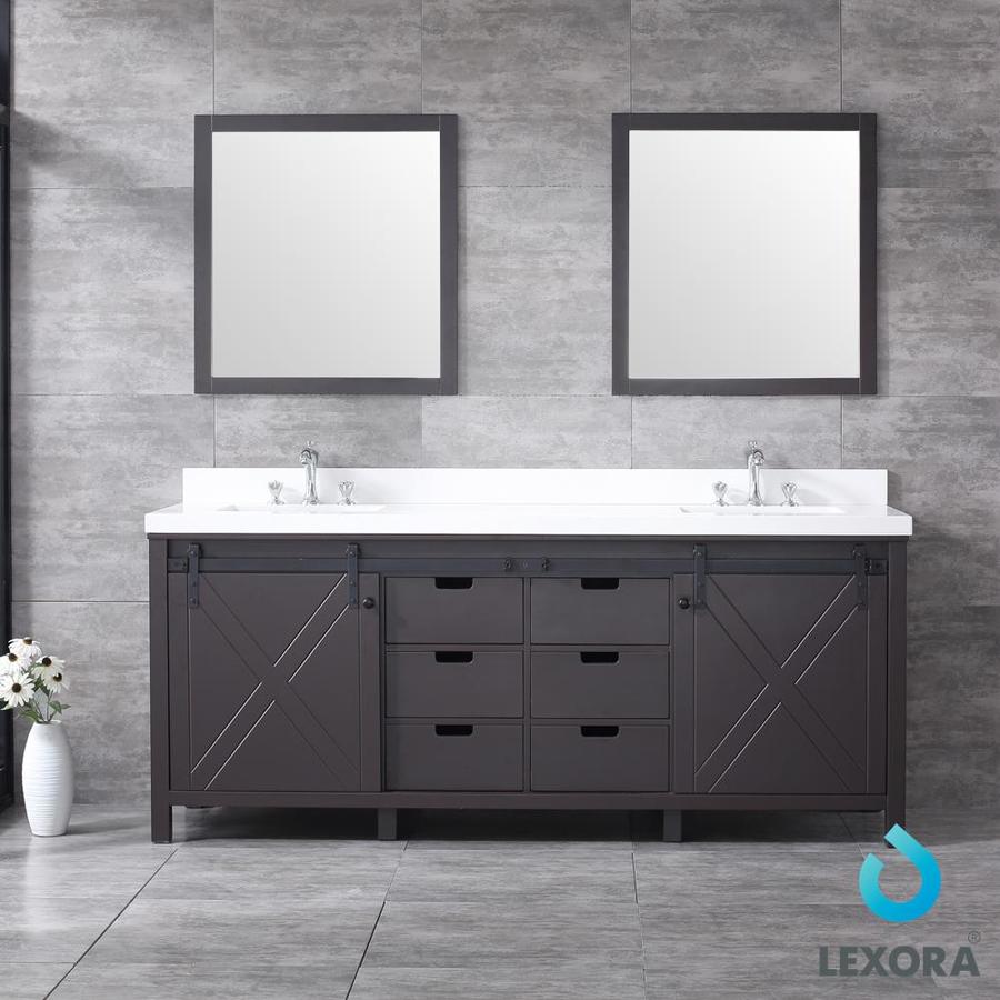 Marsyas 80" Brown Double Vanity, White Quartz Top, White Square Sinks and 30" Mirrors w/ Faucets