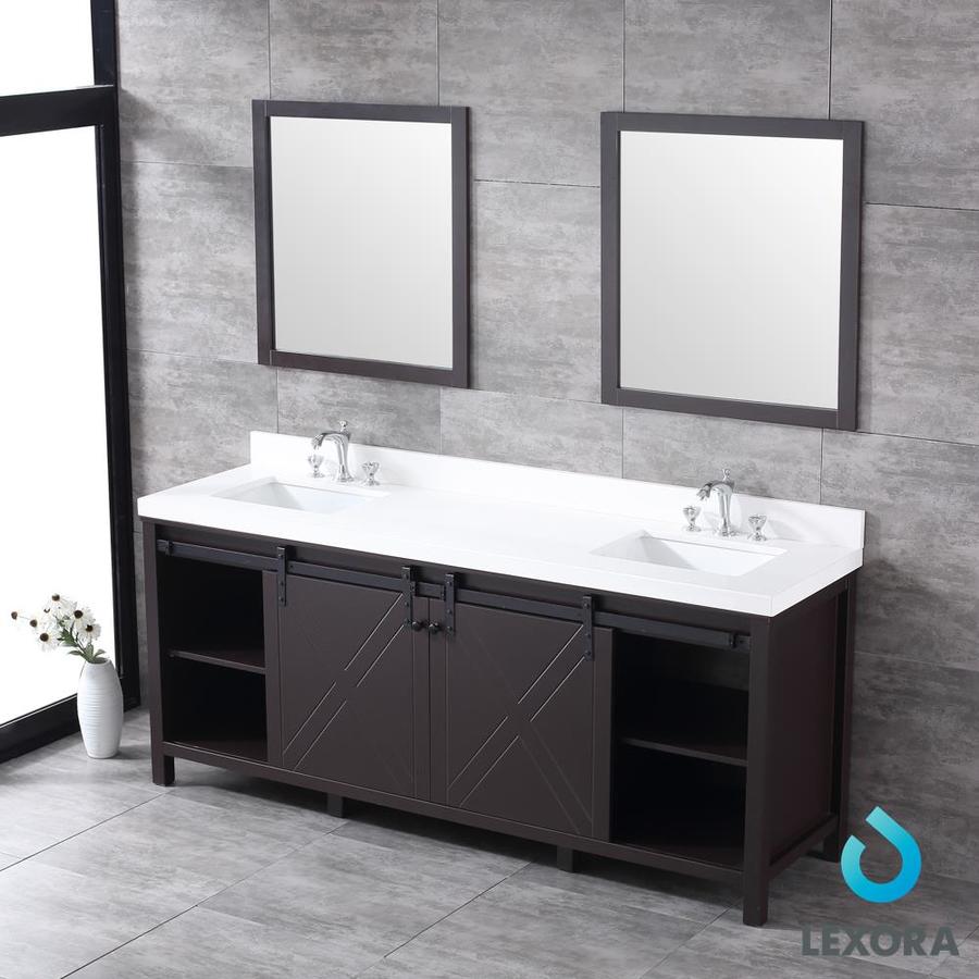 Marsyas 80" Brown Double Vanity, White Quartz Top, White Square Sinks and 30" Mirrors w/ Faucets