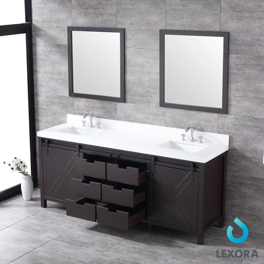 Marsyas 80" Brown Double Vanity, White Quartz Top, White Square Sinks and 30" Mirrors w/ Faucets